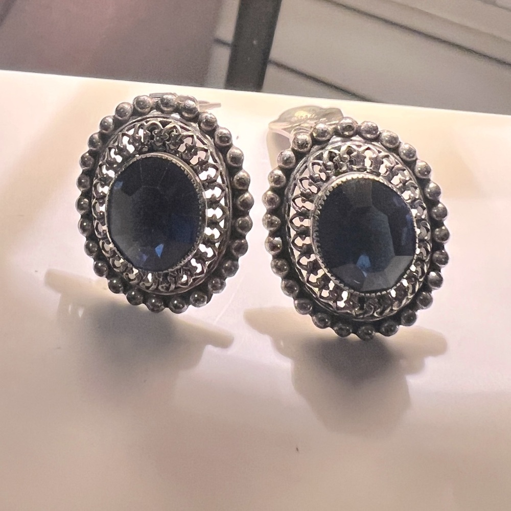 Danecraft Sterling Blue Stone Filigree clip Earrings